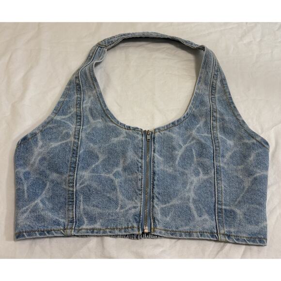 Women’s Size M Water Print Denim Halter Crop Top Zip Back Western Festival Rodeo - Picture 3 of 9